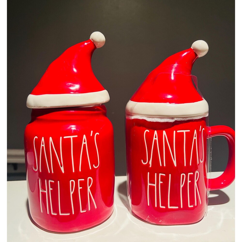 Rae Dunn Santas Helper Canister and Mug Set | Red Ceramic Holiday Decor